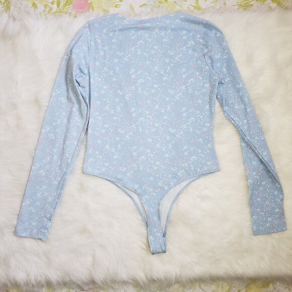 NWT Cottagecore Blue ditsy floral long sleeve bodysuit Cut Out Bodycon - Picture 4 of 5